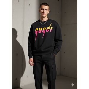 Gucci Blade Logo Sweatshirt Black Pink Yellow Bicolor 715919 Mens Size L NWT